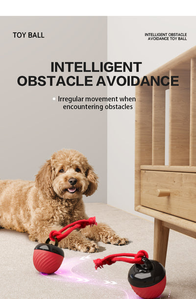 Red and black smart interactive pet toy ball with a textured swirl pattern and an attached red rope. - Image 24
