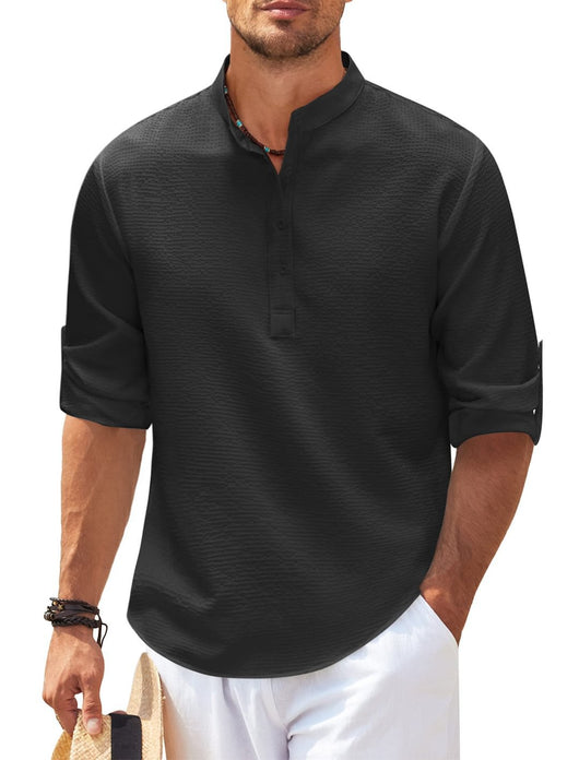 Camisa Casual Manga Larga Cuello Mao Hombre Color Sólido - Image 5