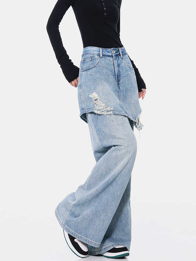 Pantalones Rectos Azul Vintage Efecto Desgastado Doble Tela para Mujer - Image 6