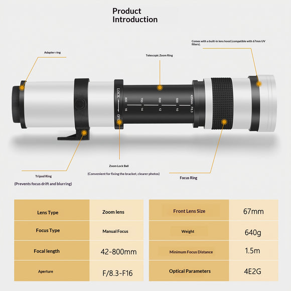 Lente Teleobjetivo Zoom 420-800mm para Cámaras DSLR y Mirrorless