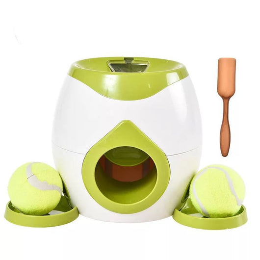 Smart pet feeder and tennis ball reward machine in white and lime green, with two mini tennis balls and a scoop. - Image 9