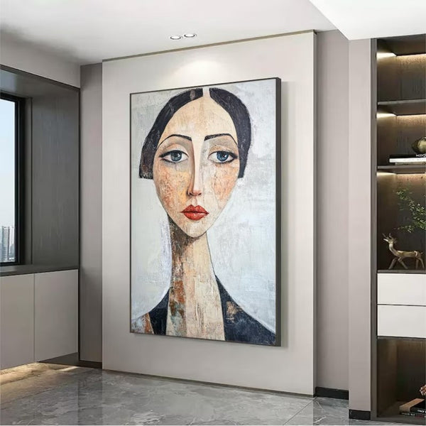 Cuadro Abstracto Retrato Femenino Óleo Pintado a Mano Arte Moderno Decoración Pared