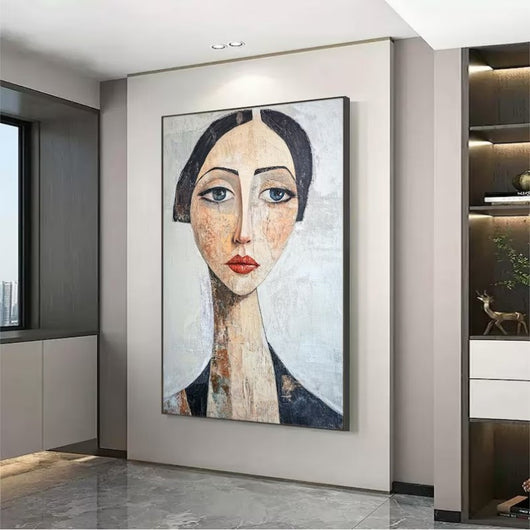Cuadro Abstracto Retrato Femenino Óleo Pintado a Mano Arte Moderno Decoración Pared