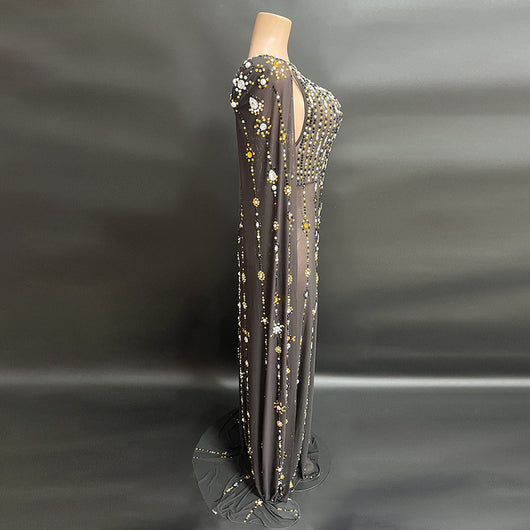 Vestido de Noche Largo Negro Brillante con Detalles de Diamantes - Image 8