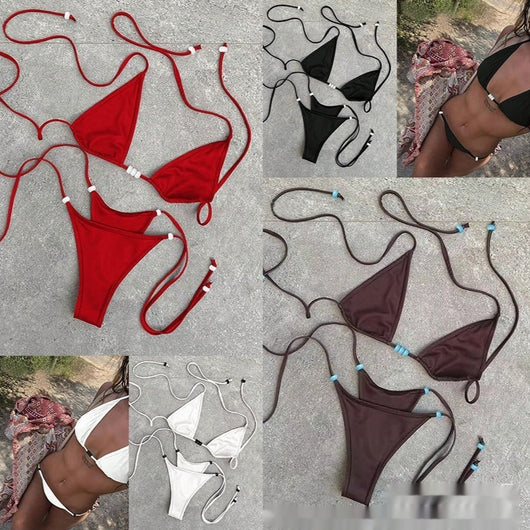 Simple women's brown separated swimwear with triangle top and thong bottom, featuring lace-up ties and light blue beads.