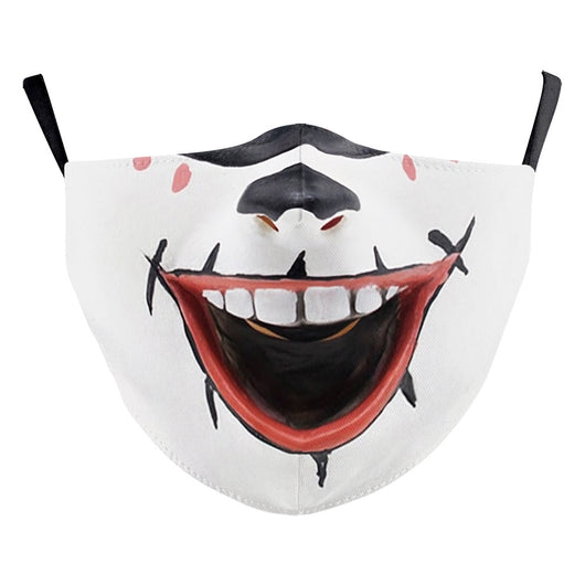 Halloween dust mask with a split design: one side a smiling clown face, the other a stitched, bloody mouth. - Image 16