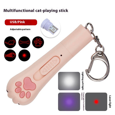 Light purple paw-shaped cat laser pointer toy with USB charging, featuring multiple red laser patterns, soft white light, and UV light. - Image 7