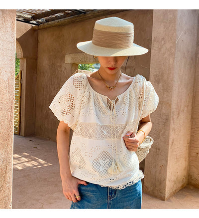 Blusa de Encaje Bordada Manga Corta - Diseño Exclusivo Francés Talla S - Image 10