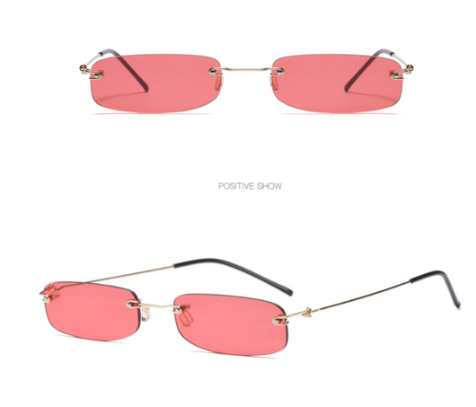 Rimless trendy sunglasses with rectangular orange lenses and gold-tone metal frames, featuring black temple tips. - Image 16