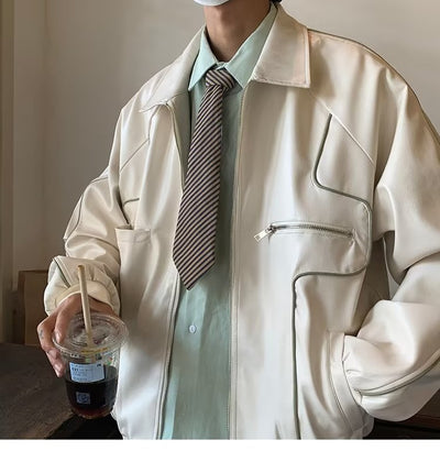 Abrigo de Cuero con Solapa y Cierre para Hombre - Estilo Temperamento - Image 9