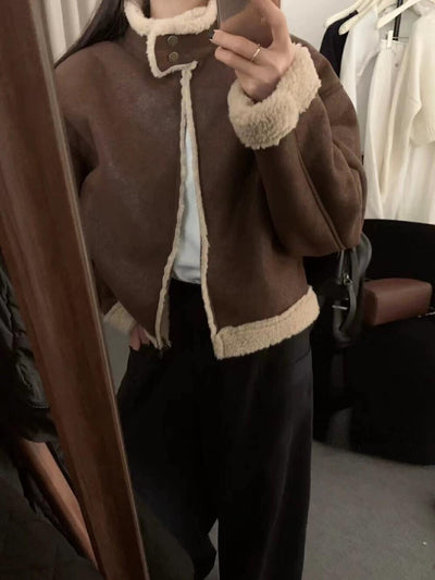 Abrigo Corto Retro con Cuello de Pie para Mujer - Lana de Cordero Invierno - Image 7
