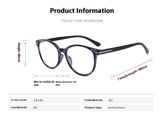 Four pairs of anti-blue light reading glasses with colorful full-rim frames in pink, tea, blue, and violet patterns. - Image 16