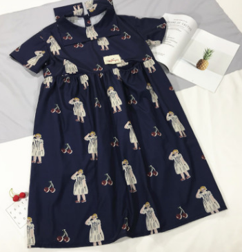 Vestido Corto de Algodón con Estampado Digital de Cerezas Azul Marino - Image 3