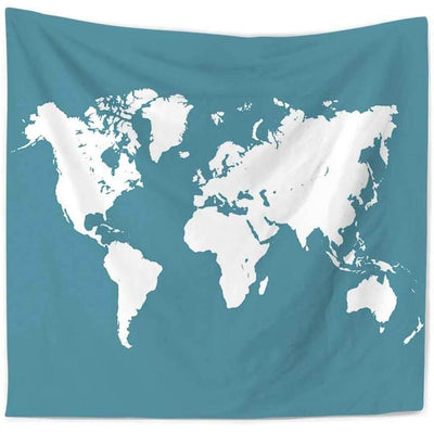 Minimalist world map tapestry featuring white landmasses against a solid teal background, made from polyester. - Image 2