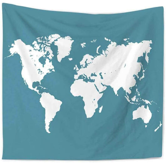 Minimalist world map tapestry featuring white landmasses against a solid teal background, made from polyester. - Image 2