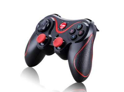 Black wireless Bluetooth gamepad with red accents, featuring a D-pad, analog sticks, and face buttons, shown with a detachable black smartphone clip. - Image 2