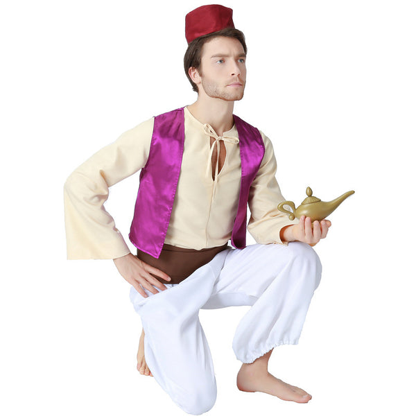 Men's Prince costume featuring a red fez, cream shirt, purple vest, brown sash, white harem pants, and a gold genie lamp.
