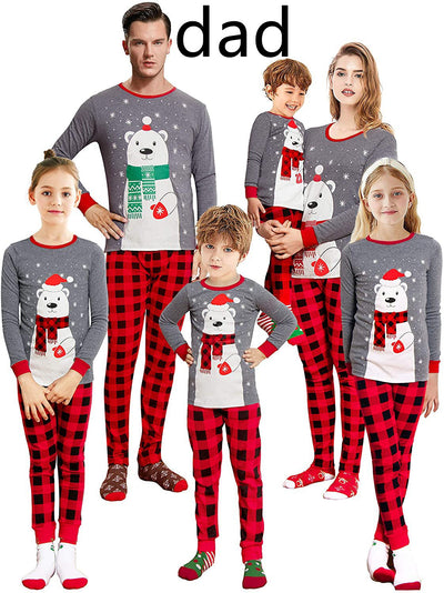 Family of five wearing matching gray and red buffalo plaid Christmas pajamas with polar bear print. - Image 10