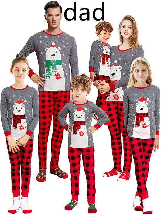 Family of five wearing matching gray and red buffalo plaid Christmas pajamas with polar bear print. - Image 10