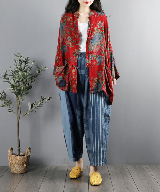 Camisa Retro Étnica con Cuello Mao y Estampado Floral - Image 19