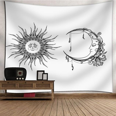 Bohemian sun and moon tapestry with a celestial pattern of golden suns and crescent moons on a dark blue background. - Image 49