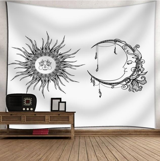 Bohemian sun and moon tapestry with a celestial pattern of golden suns and crescent moons on a dark blue background. - Image 49
