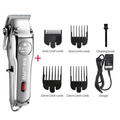 Silver rechargeable hair clipper with EU plug charger, cleaning brush, and four black guide combs on a white background. - Image 29
