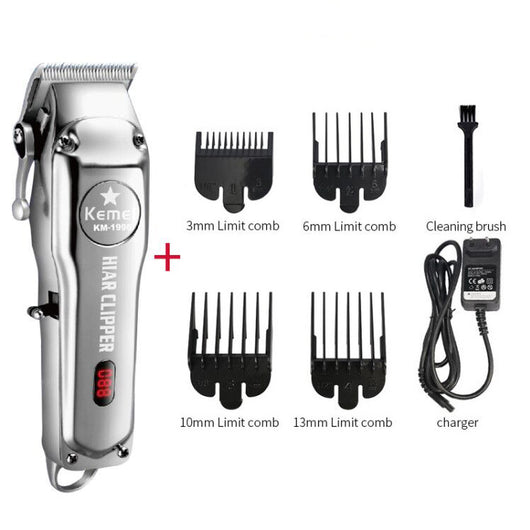 Silver rechargeable hair clipper with EU plug charger, cleaning brush, and four black guide combs on a white background. - Image 29