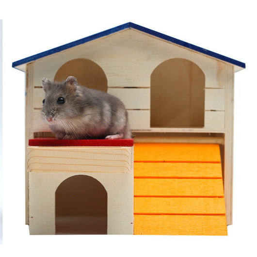 Wooden hamster house with a blue roof, orange ramp, and red platform, featuring a small hamster peeking out. - Image 3