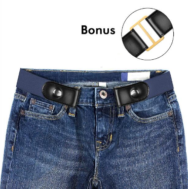 Black buckle-free elastic belt with snap closures worn on blue jeans, featuring a bonus gold-colored metal buckle. - Image 12