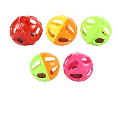 Orange and pink plastic bell toy ball for cats, with a kitten peeking from behind. Other color variations shown below. - Image 3