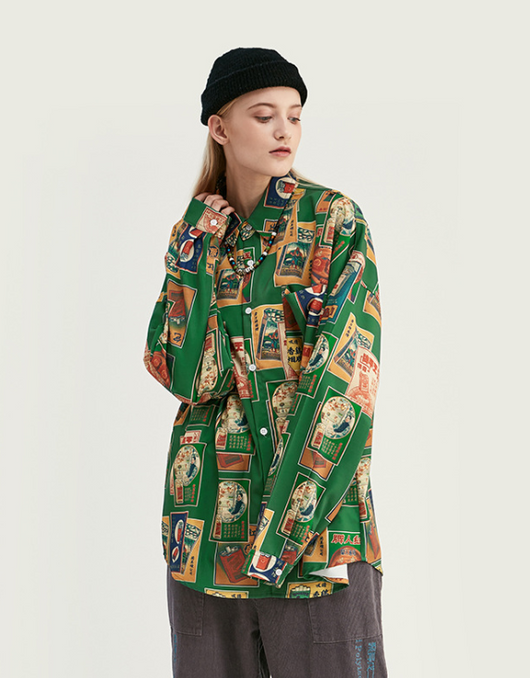 Camisa Estampado Cigarrillos Manga Larga Suelta para Hombre - Image 2