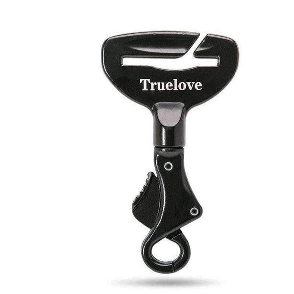Black metal pet car safety buckle with a top slot for seatbelt and a swivel snap hook, featuring 'Truelove' branding. - Image 9