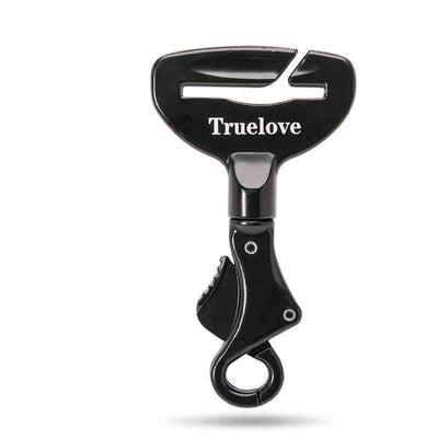 Black metal pet car safety buckle with a top slot for seatbelt and a swivel snap hook, featuring 'Truelove' branding. - Image 9