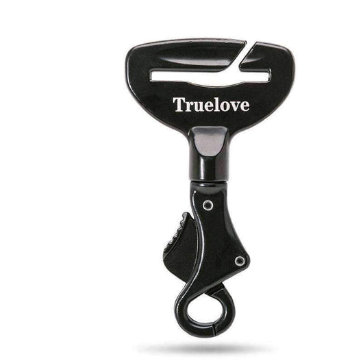 Black metal pet car safety buckle with a top slot for seatbelt and a swivel snap hook, featuring 'Truelove' branding. - Image 9