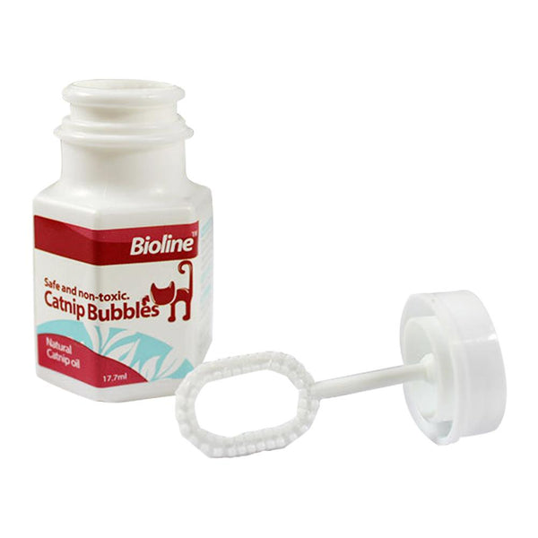Bioline Catnip Bubbles bottle with a red label, featuring a cat silhouette and text "Safe and non-toxic. Natural Catnip oil 17.7ml". A white bubble wand is next