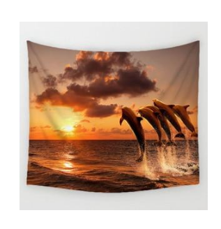 Boho print tapestry featuring four dolphins leaping from the ocean against a vibrant orange and yellow sunset. - Image 3
