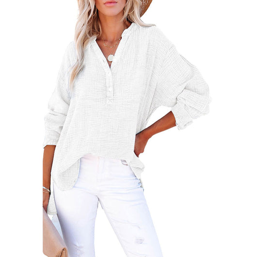 Blusa Suelta de Manga Larga con Cuello y Botones Decorativos - Otoño - Image 18