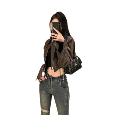 Chaqueta Motociclista de Cuero Café - Estilo Retro Cool Girl Americano - Image 10
