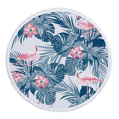 Round white microfiber beach towel with a vibrant blue and purple feather print and white fringe trim. - Image 4