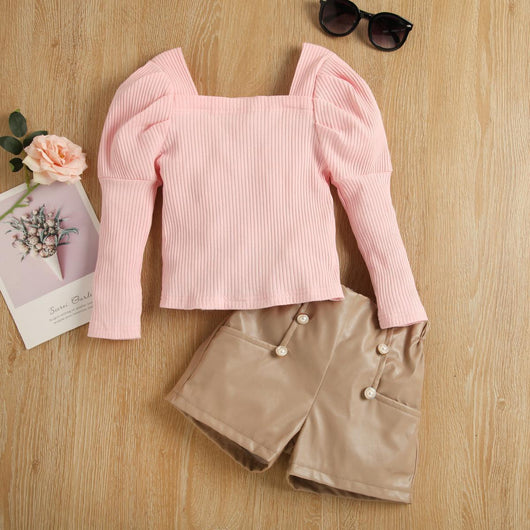 Conjunto Infantil: Top de Manga Larga con Rayas y Pantalones de Cuero Café Claro - Image 8