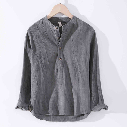 Camisa de Lino Manga Larga con Cuello Mao Estilo Retro - Image 12