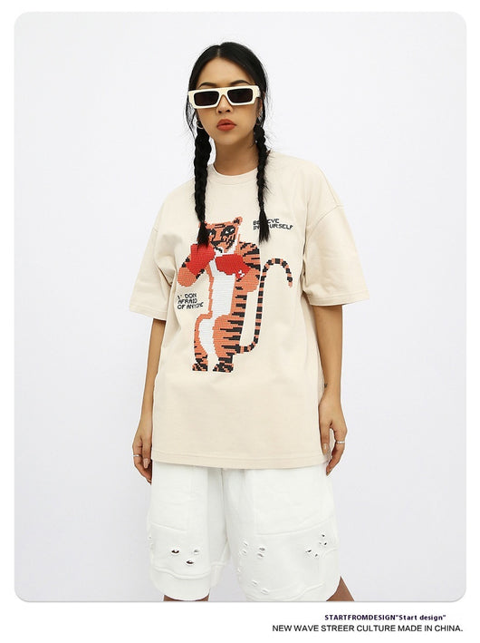 Camiseta Suelta Estampado Anime Tigre Manga Corta Unisex - Image 9