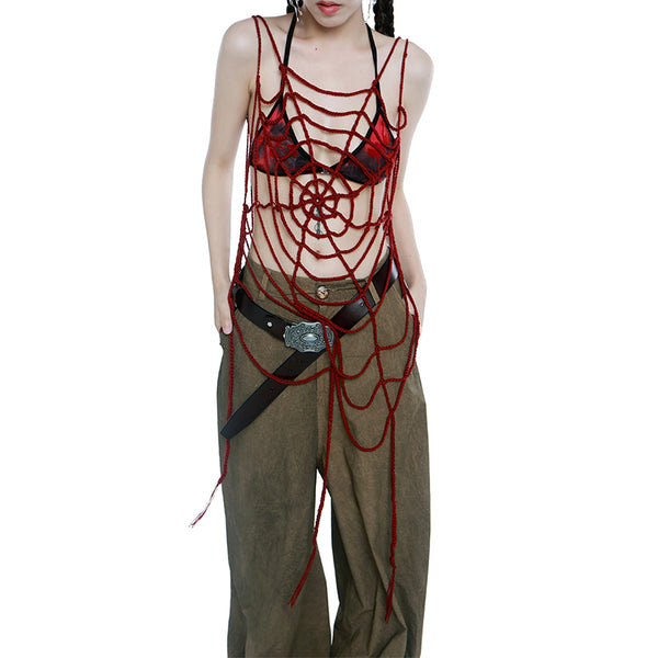 Blusa Larga Harajuku Gótica Roja y Negra con Telaraña y Flecos Calados