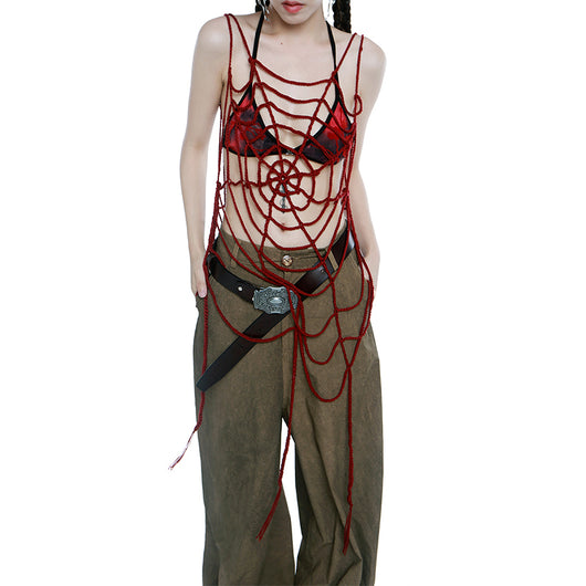 Blusa Larga Harajuku Gótica Roja y Negra con Telaraña y Flecos Calados