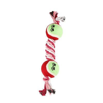 Red, pink, and white braided cotton rope dog toy with a green and red tennis ball featuring black paw prints. - Image 16