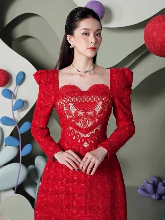 Vestido Rojo Elegante con Mangas Abullonadas para Fiestas y Año Nuevo - Image 10