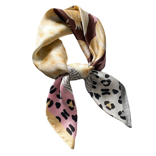 Pañuelo de Seda Artificial Estampado Leopardo con Bloques de Color Granate y Flores para Mujer - Image 8