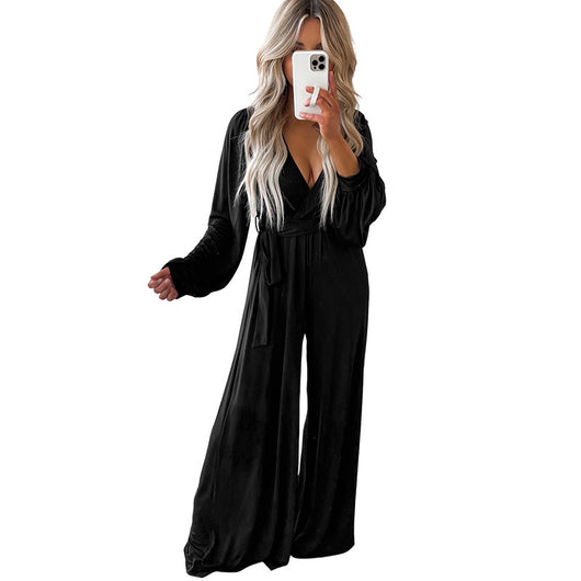 Jumpsuit Elegante de Pierna Ancha con Escote Profundo y Cordones - Image 6