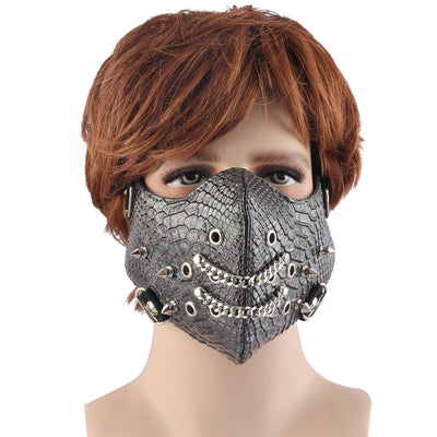 Black leather half-face mask with silver studs and grommets, featuring elastic head straps. - Image 13